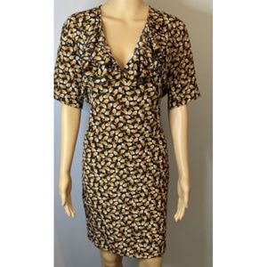 ROCHAS black silk floral ruffle neck dress sz M